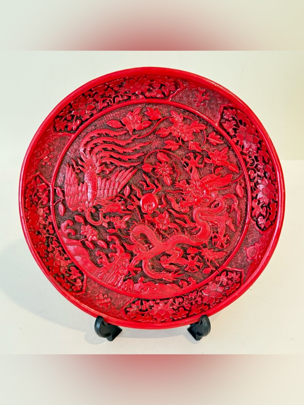 Vintage Chinese Asian Red Cinnabar Carved Plate Dragon Phoenix Display Decor